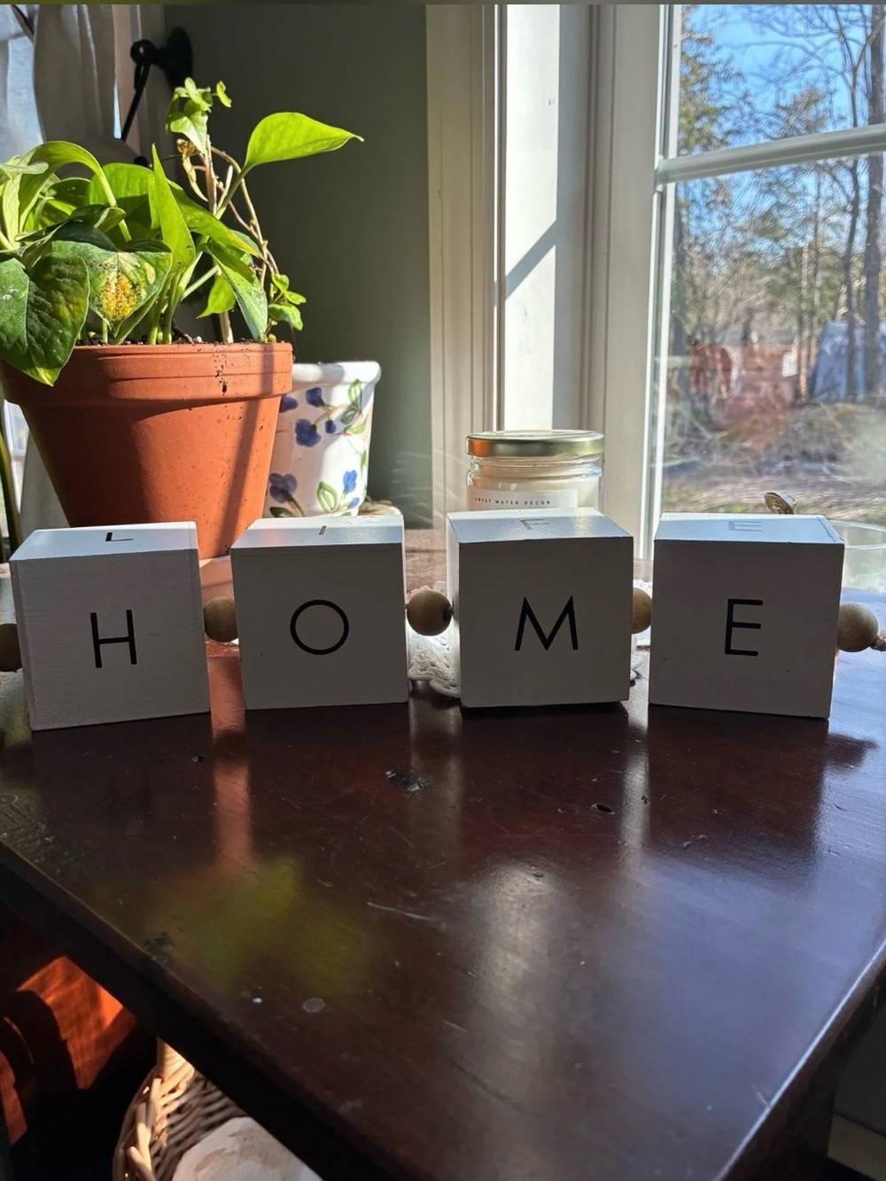 HOME Wooden Block Garland - Neutral White and Natural Wood